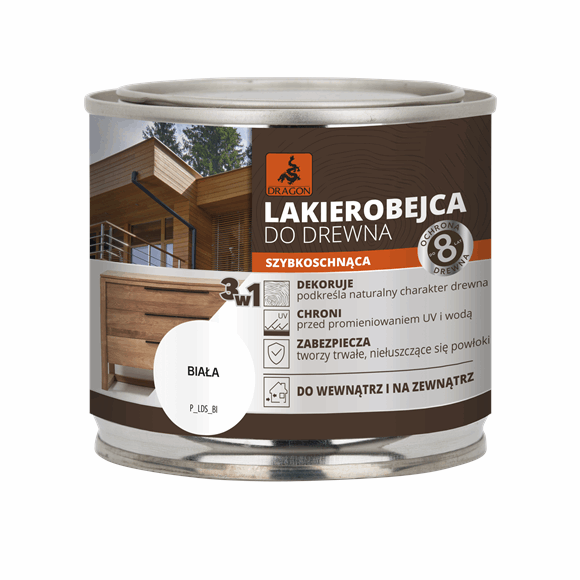 Can of white wood lacquer-stain product for wood, label reads 'Lakierobejca do drewna' with a wooden deck image and an orange Dragon logo.