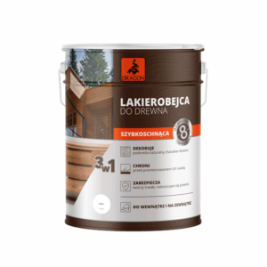 Brown metal can of Dragon wood stain/varnish with white label reading 'LAKIEROBEJCA DO DREWNA' and 'SZYBKOSCHNĄCA', featuring a 3-in-1 icon and an image of a wooden house deck on the label; includes a white handle on the can.