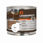 Can of white wood varnish (lakierobejca do drewna) from Dragon brand, labeled as fast-drying, with an image of a wooden deck and house and a white color swatch marked 'BIAŁA'.