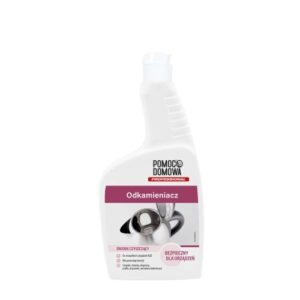 White bottle of household descaler labeled 'Odkamieniacz' with a kettle graphic on the label.