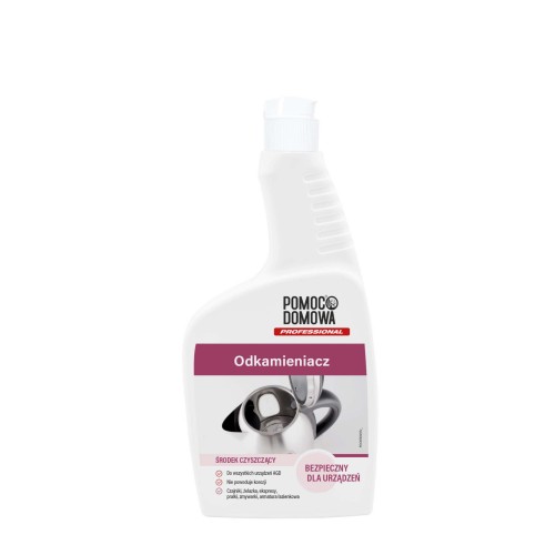 White bottle of household descaler labeled 'Odkamieniacz' with a kettle graphic on the label.