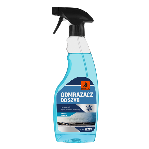 Blue spray bottle of glass cleaner with black trigger; label reads ODMRAZACZ DO SZYB and features a dragon logo (500 ml).