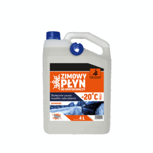 4L bottle of winter windshield washer fluid with blue cap and orange label 'Zimowy Płyn do Spryskiwaczy' –20°C.