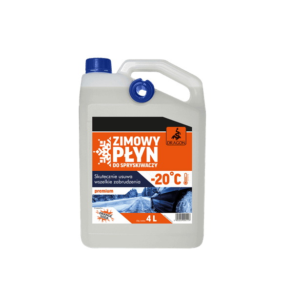 4L bottle of winter windshield washer fluid with blue cap and orange label 'Zimowy Płyn do Spryskiwaczy' –20°C.