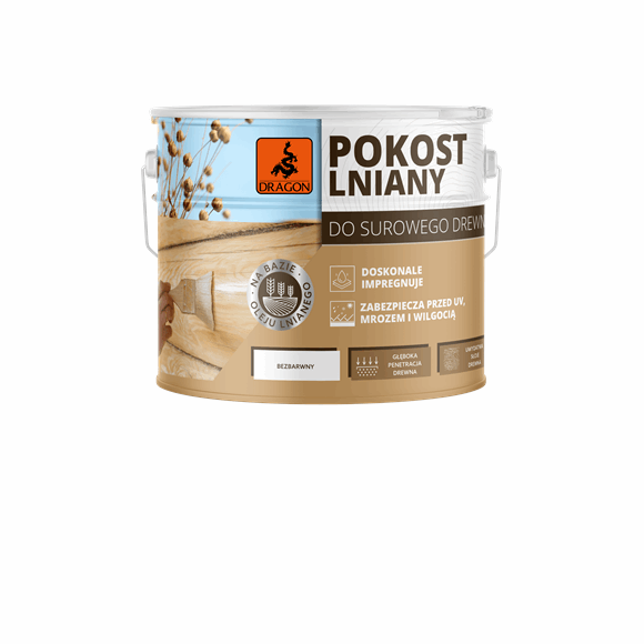 Can of linseed oil wood finish for raw timber, with orange dragon logo and Polish labeling.