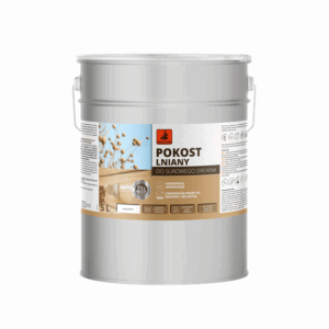 5-liter metal can of linseed oil for untreated wood, with a label depicting a wooden scene and grain pattern