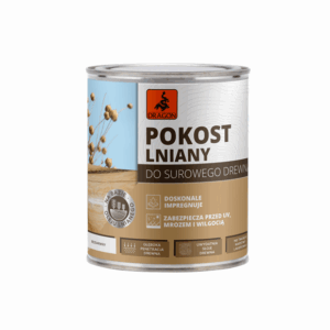 Can of Dragon flaxseed oil for raw wood, labeled for deep impregnation and protection against UV, frost and moisture