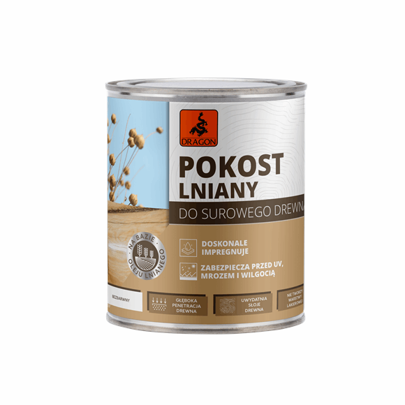 Can of Dragon flaxseed oil for raw wood, labeled for deep impregnation and protection against UV, frost and moisture