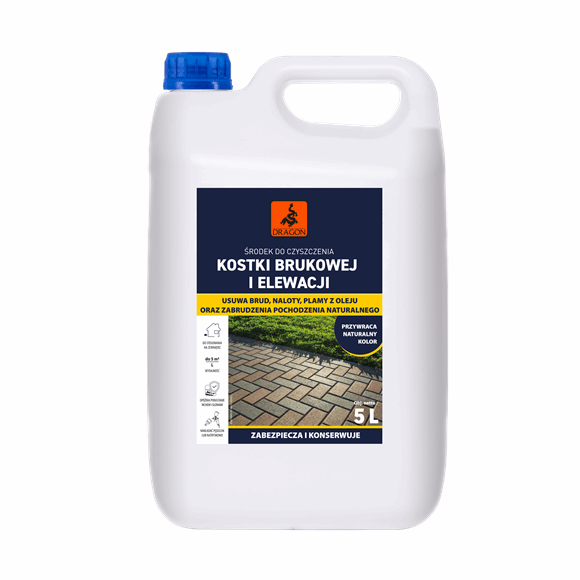 White 5-liter plastic cleaning product container with blue cap, labeled for cleaning paving stones and facades.