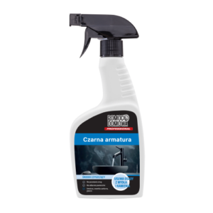 Spray bottle labeled Czarna armatura bathroom cleaner designed for faucets and fixtures, with a black spray nozzle on top and blue accent on the label.