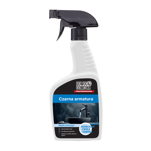 Spray bottle labeled Czarna armatura bathroom cleaner designed for faucets and fixtures, with a black spray nozzle on top and blue accent on the label.