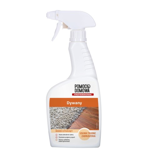 White spray bottle of Pomoc Domowa Professional carpet cleaner, orange label reading 'Dywany', with image of a carpet and wood floor.