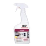 White spray bottle labeled 'Pomoc Domowa' - 'Kuchnie' universal kitchen cleaner, with a kitchen on the label.