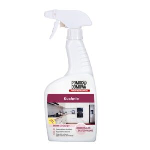 White spray bottle labeled 'Pomoc Domowa' - 'Kuchnie' universal kitchen cleaner, with a kitchen on the label.