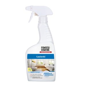 White spray bottle of bathroom cleaner labeled Pomoc Domowa Professional Łazienki on a white background with a spray nozzle