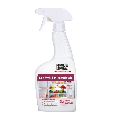 White spray bottle of Pomoc Domowa cleaner for refrigerators and microwaves, with a fridge image on the label.