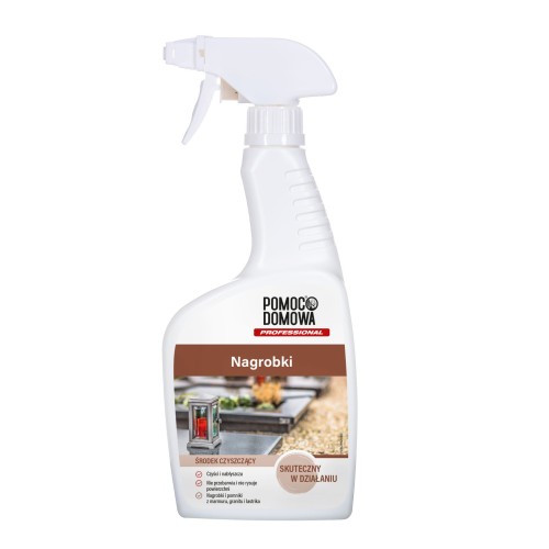 White spray bottle labeled 'Pomoc Domowa Professional' with 'Nagrobki' on the label and a photo of stone surfaces on the front image.