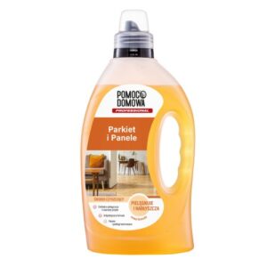 Orange bottle of Pomoc Domowa Parkiet i Panele floor cleaner with handle and white cap, designed for parquet and panel floors.