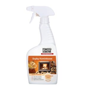 Spray bottle of Pomoc Domowa fireplace glass cleaner labeled 'Szyby Kominkowe' with a fireplace image on the label.