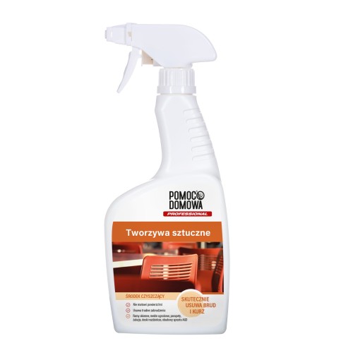 White spray bottle of a household cleaner (for plastics) with a trigger top and an orange label in Polish.