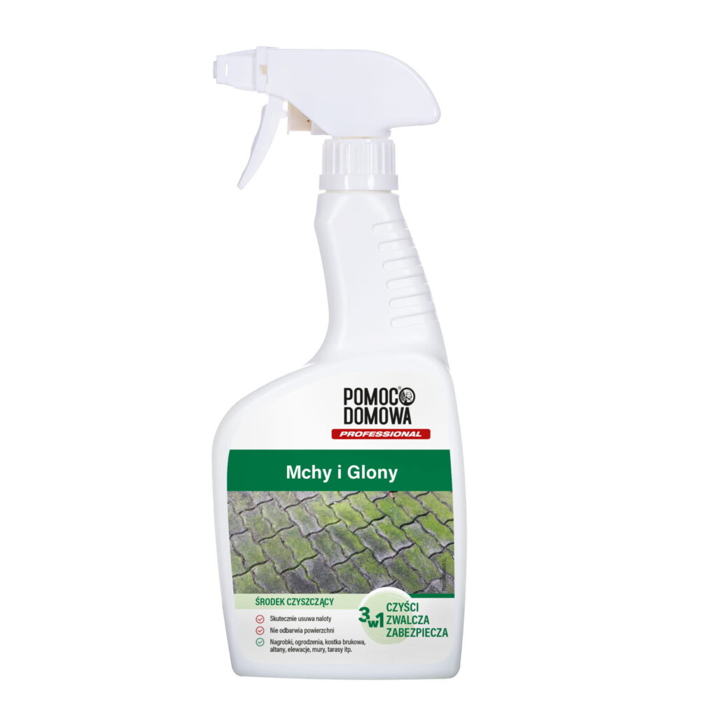 White spray bottle with a green label reading 'Mchy i Glony' (moss and algae) and a net-like image on the front, suggesting a cleaning product for surfaces.