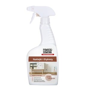 White spray bottle of cleaning solution by Pomoc Domowa Professional, label reads 'Naklejki i Etykiety' with a small kitchen scene on the label.