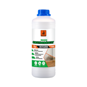 White plastic bottle with blue cap, Dragon brand fungicide labeled Grzybobójczy do pleśni for mold control.
