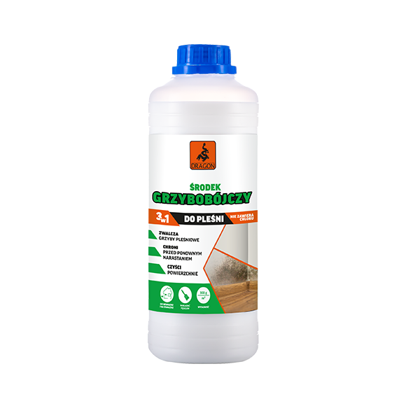 White plastic bottle with blue cap, Dragon brand fungicide labeled Grzybobójczy do pleśni for mold control.