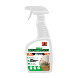 White spray bottle of mold killer cleaning product with a trigger nozzle; label notes 3-in-1, chlorine-free, for mold and mildew.