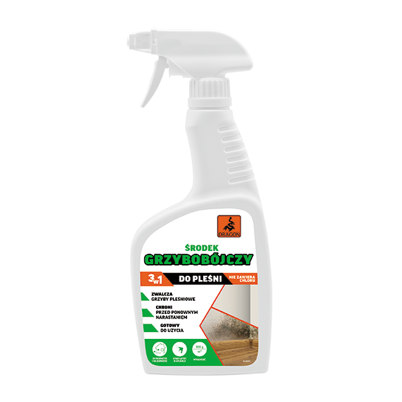 White spray bottle of mold killer cleaning product with a trigger nozzle; label notes 3-in-1, chlorine-free, for mold and mildew.
