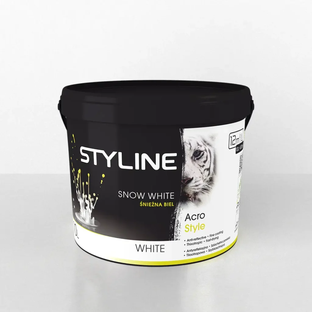 Black paint bucket labeled STYLE with Snow White and Acro Style text, white container on a light background.