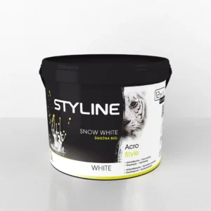 Black paint bucket labeled STYLE with Snow White and Acro Style text, white container on a light background.