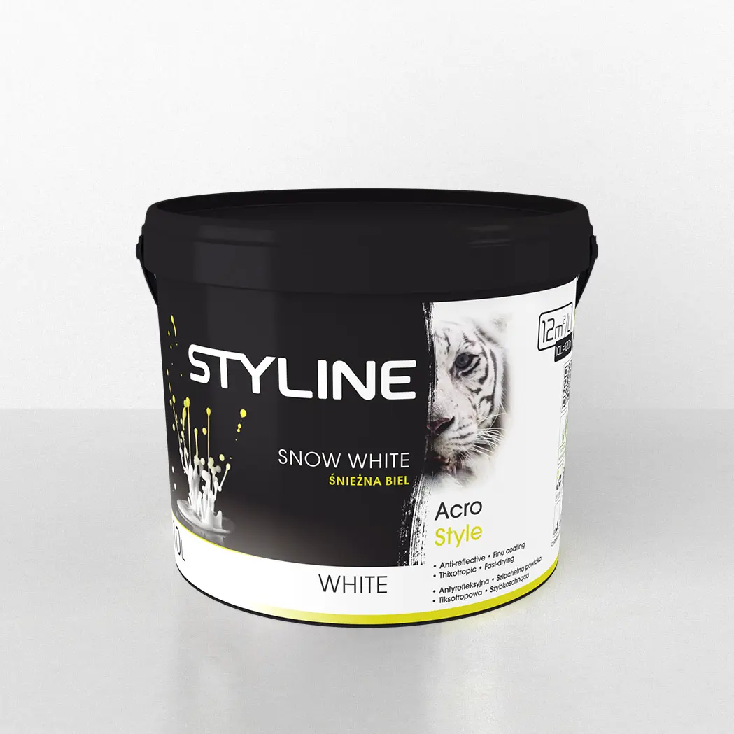 megabudowlany-styline-acro-style-snow-white-farba-akrylowa-3-l-sklep-budowlany - Mega Budowlany Black paint bucket labeled STYLE with Snow White and Acro Style text, white container on a light background.
