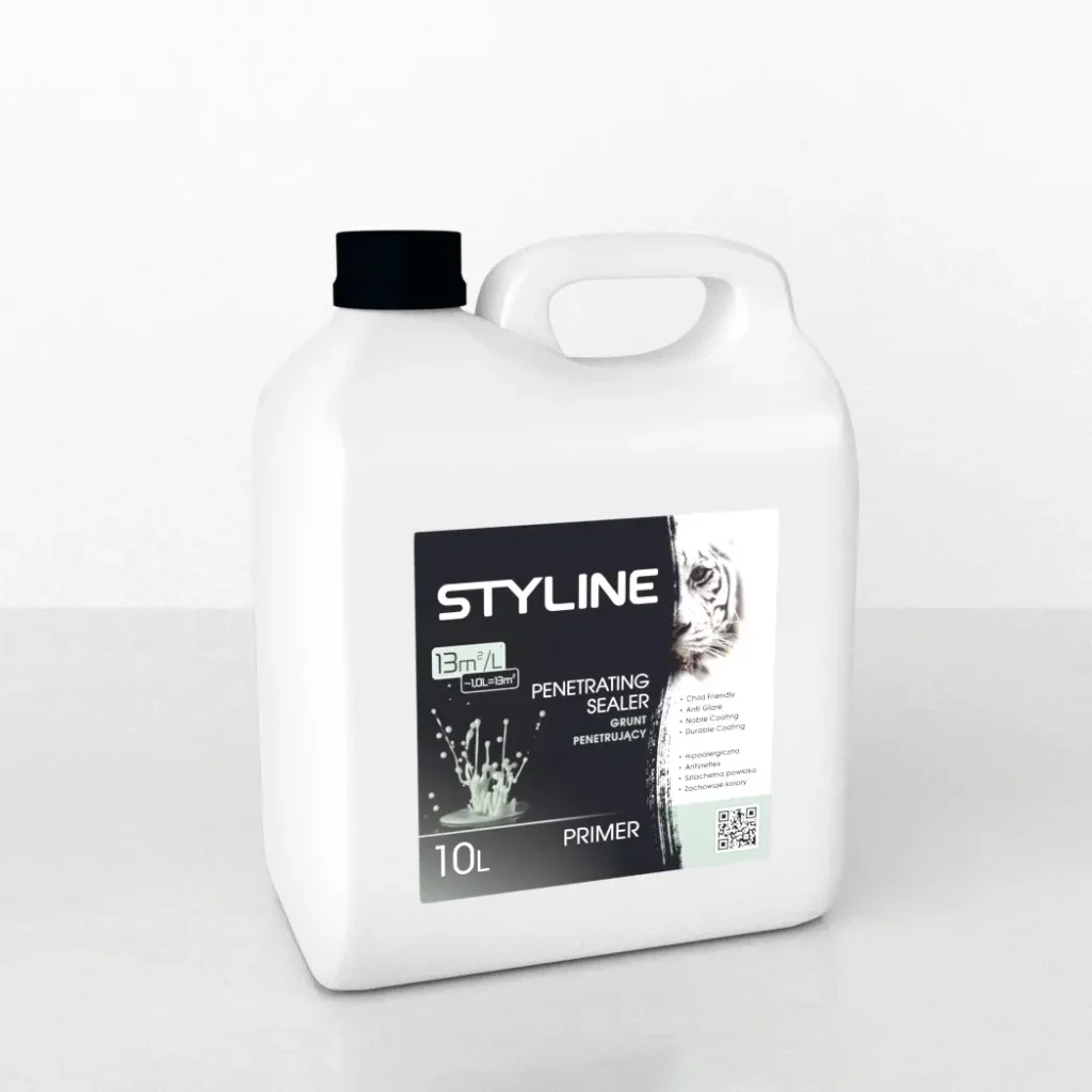 White 10L plastic container of STYLE penetrating sealer primer with black screw cap on a light surface. Label shows STYLE and 10L.