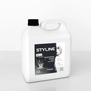 White 10L plastic container of STYLE penetrating sealer primer with black screw cap on a light surface. Label shows STYLE and 10L.