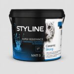 Close-up of a black paint can with a tiger graphic, blue splash accents, and bold white text reading STYLE LINE and SUPER RESISTANCE (Ceramic).