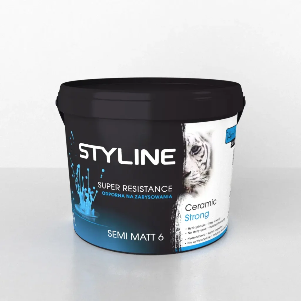 Paint bucket labeled Styline Super Resistance Ceramic Strong, semi-matt finish with blue splash design and tiger graphic on label.