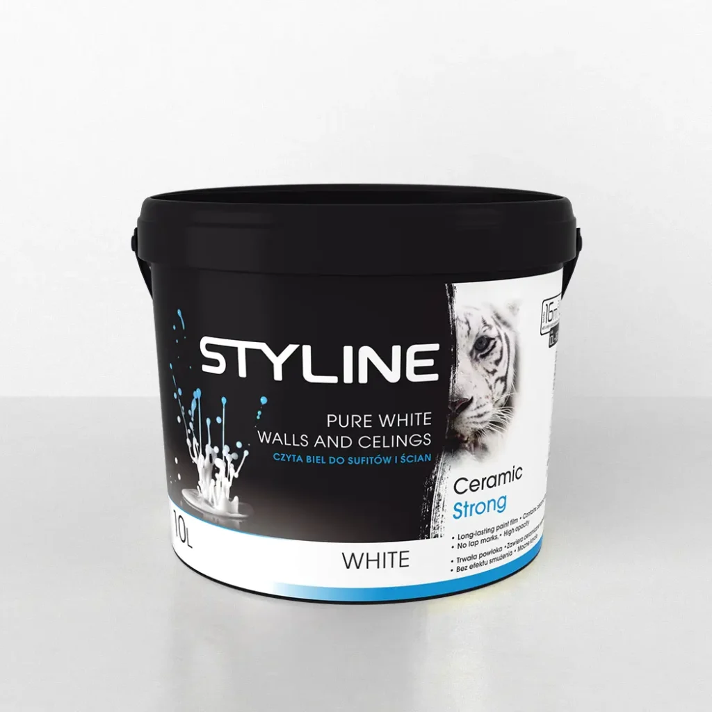 Black paint bucket labeled STYLINE White for interior walls and ceilings, featuring blue accents and a tiger graphic on the label.