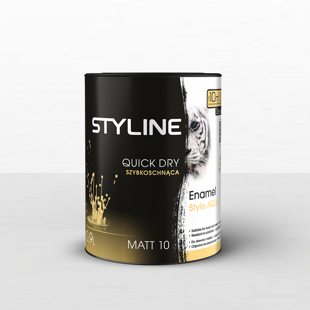 megabudowlany-styline-enamel-style-matt-emalia-akrylowa-do-drewna-i-metalu-sklep-budowlany - Mega Budowlany Can of STYLE LINE quick-dry enamel paint with black and white design, tiger graphic on the side, and gold lettering.
