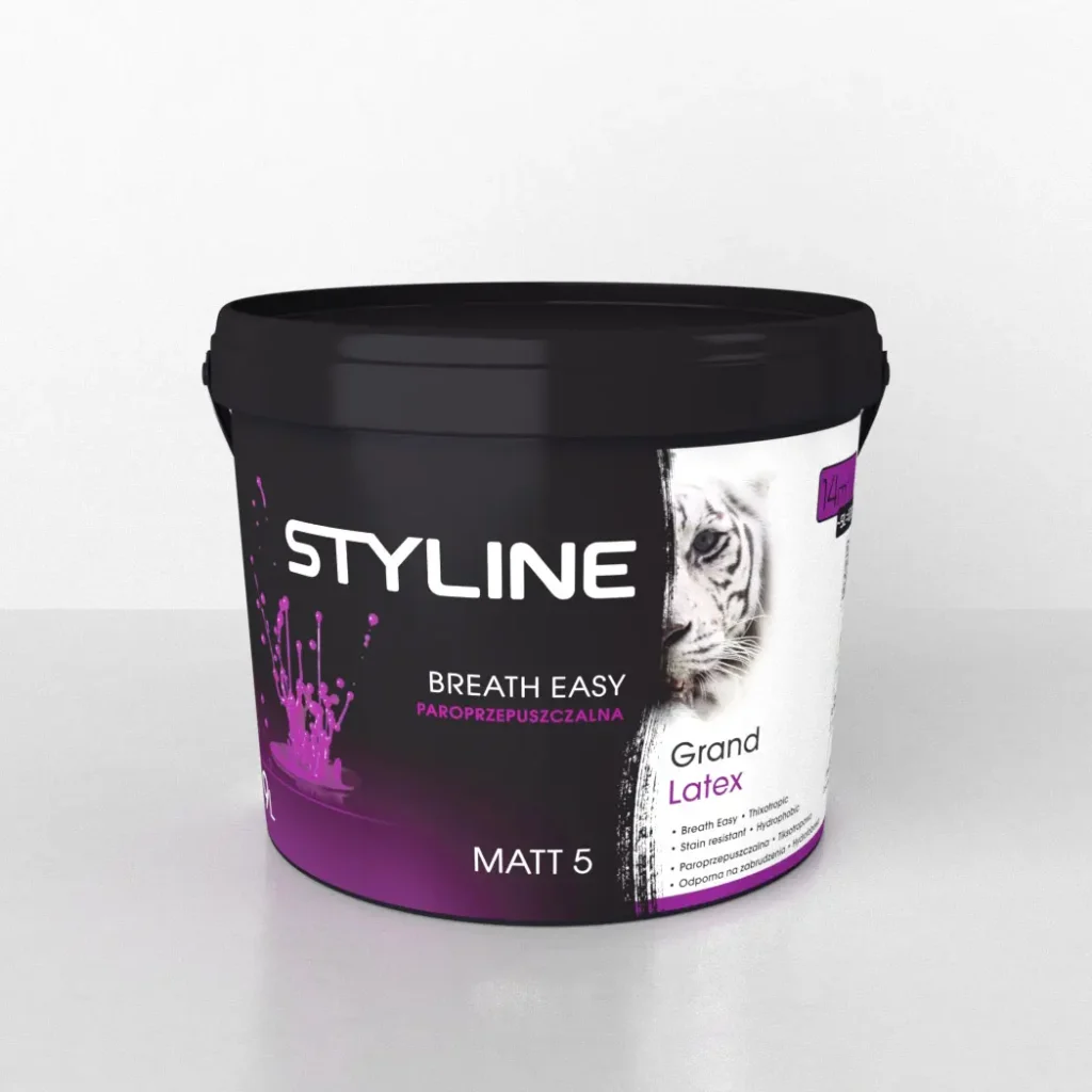 Container of Styline Breath Easy Grand Latex paint with black lid, purple gradient label showing 'STYLINE' and 'Matt 5'