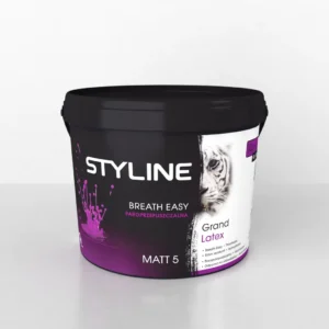 Black paint bucket with purple accents labeled 'STYLINE' and 'Breath Easy' latex, matte 5 finish, plus purple splash graphics on the side.