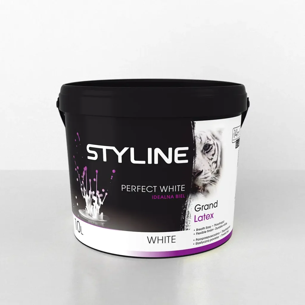 A black paint bucket labeled 'STYLE PERFECT WHITE' with a white band and purple accents, showing part of a tiger graphic on the label.