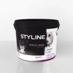 A black paint bucket labeled 'STYLE PERFECT WHITE' with a white band and purple accents, showing part of a tiger graphic on the label.