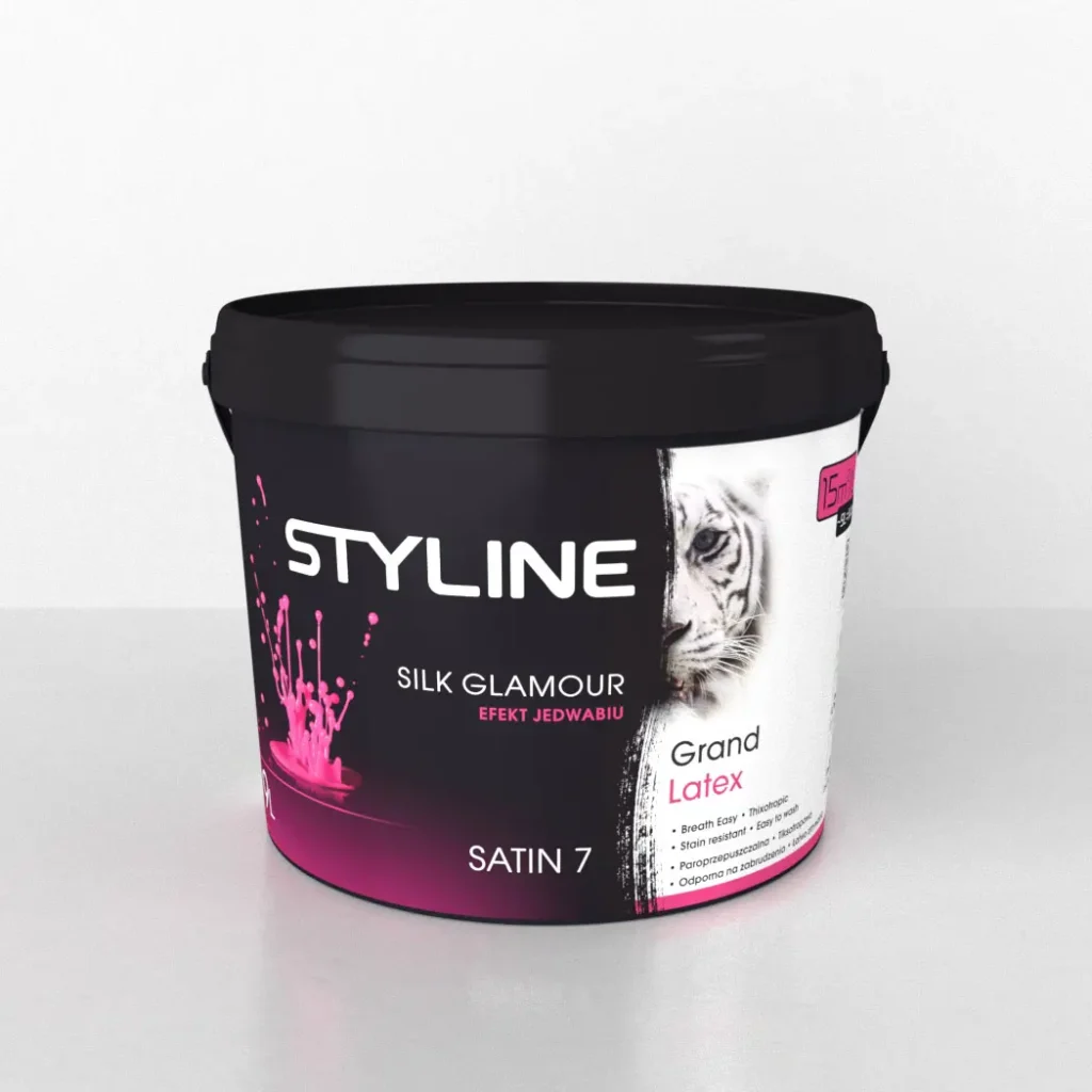 Paint bucket labeled Styline Silk Glamour Satin 7 with black-pink design and a partial tiger image on the side.