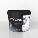 Paint bucket labeled STYLE LINE Undercoat Latex Style primer, with tiger image partial on label, black lid and label details visible.