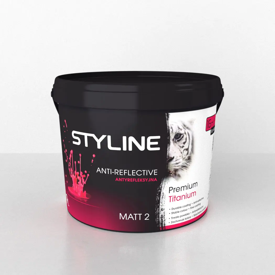 megabudowlany-styline-premium-titanium-matt-b00-27-l-sklep-budowlany - Mega Budowlany Paint bucket labeled Styline Anti-Reflective Matt 2, Premium Titanium, with pink splash design on a dark background and partial tiger graphic on the label.