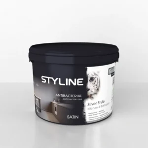 Paint bucket labeled STYLE Antibacterial Satin, for kitchen and bathroom, showing white tiger graphic on white label and dark blue lid (15L).