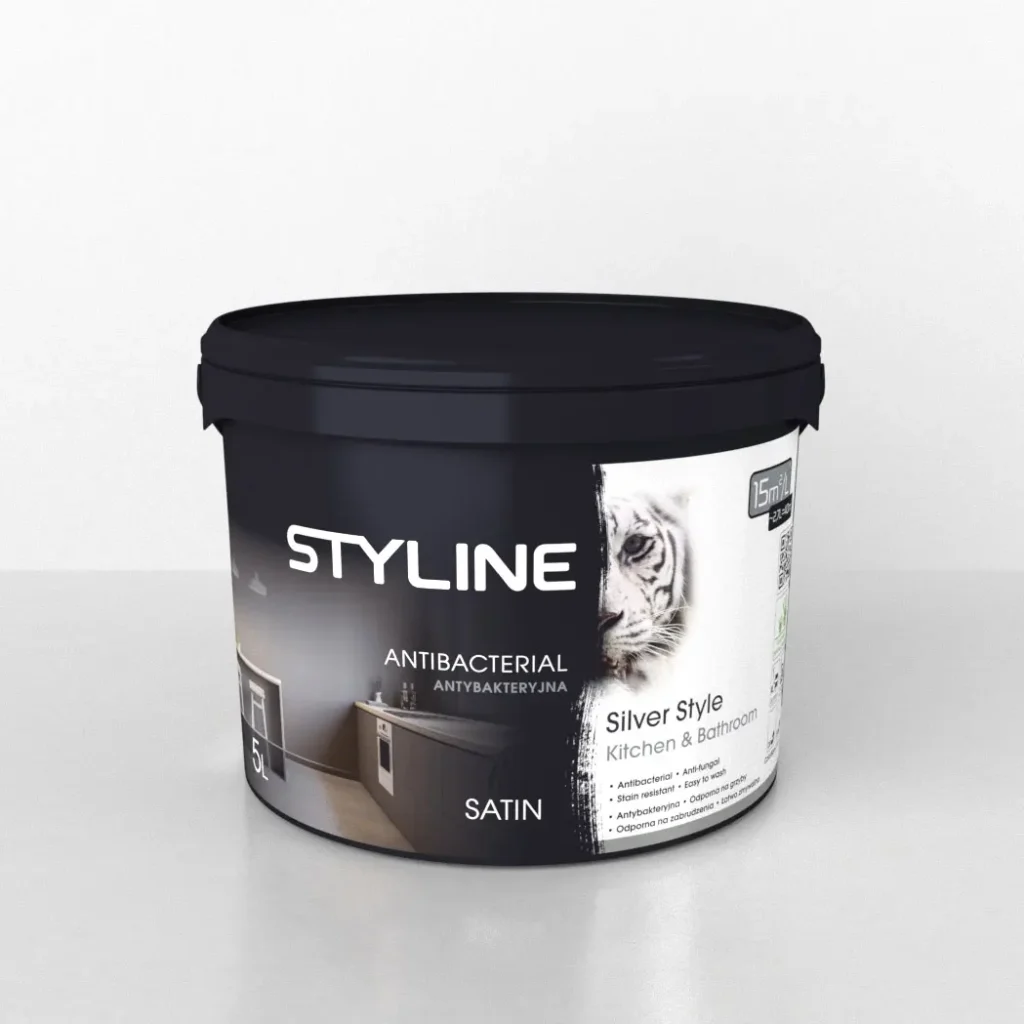 Styline antibacterical satin paint bucket labeled Silver Style for kitchen and bathroom (5L)