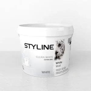 White paint bucket labeled Styline Clean White with 'White Wall' on the label and a tiger graphic on the side.