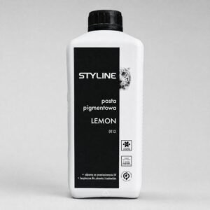 White plastic bottle with a tall black vertical label reading STYLE, pasta pigmentowa, LEMON, against a gray background.